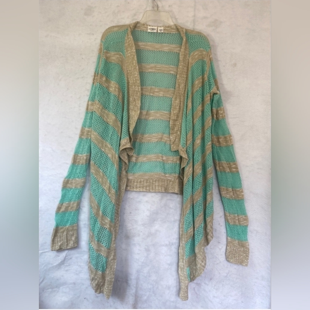 Cato Woman Turquoise Tan Crochet Knit Cardigan Sweater